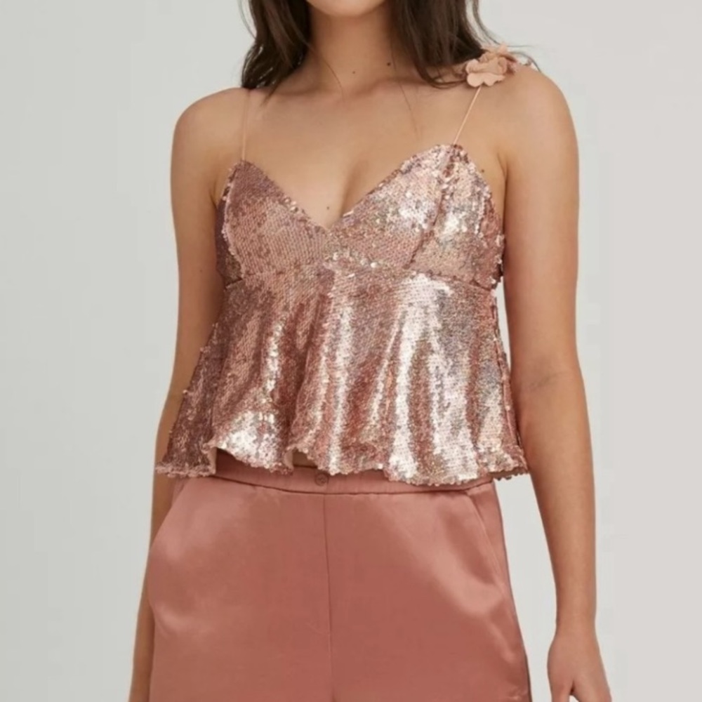 Beautiful Something Navy pink sequin glitter top with one shoulder detail